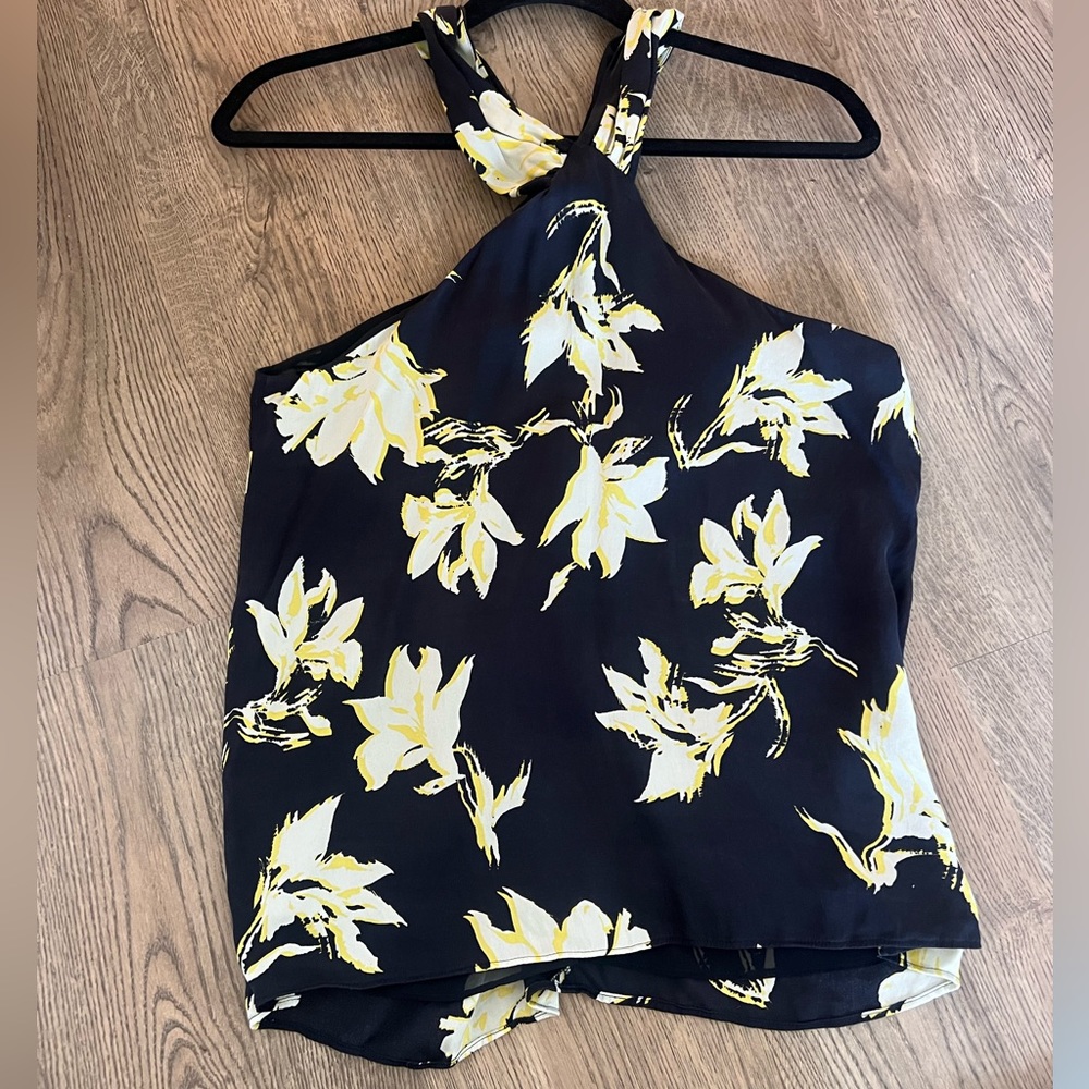 Classiques Entier Silk Halter Top Navy Blue Lilly Floral Print, Size L